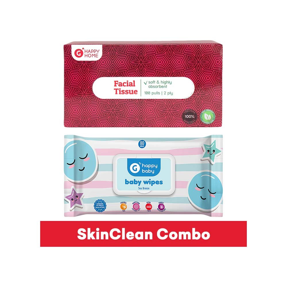 Happy Home Red 2 Ply Face Tissue (100 Pulls) + Happy Baby Sea Breeze Baby Wipes with Aloe Vera Combo