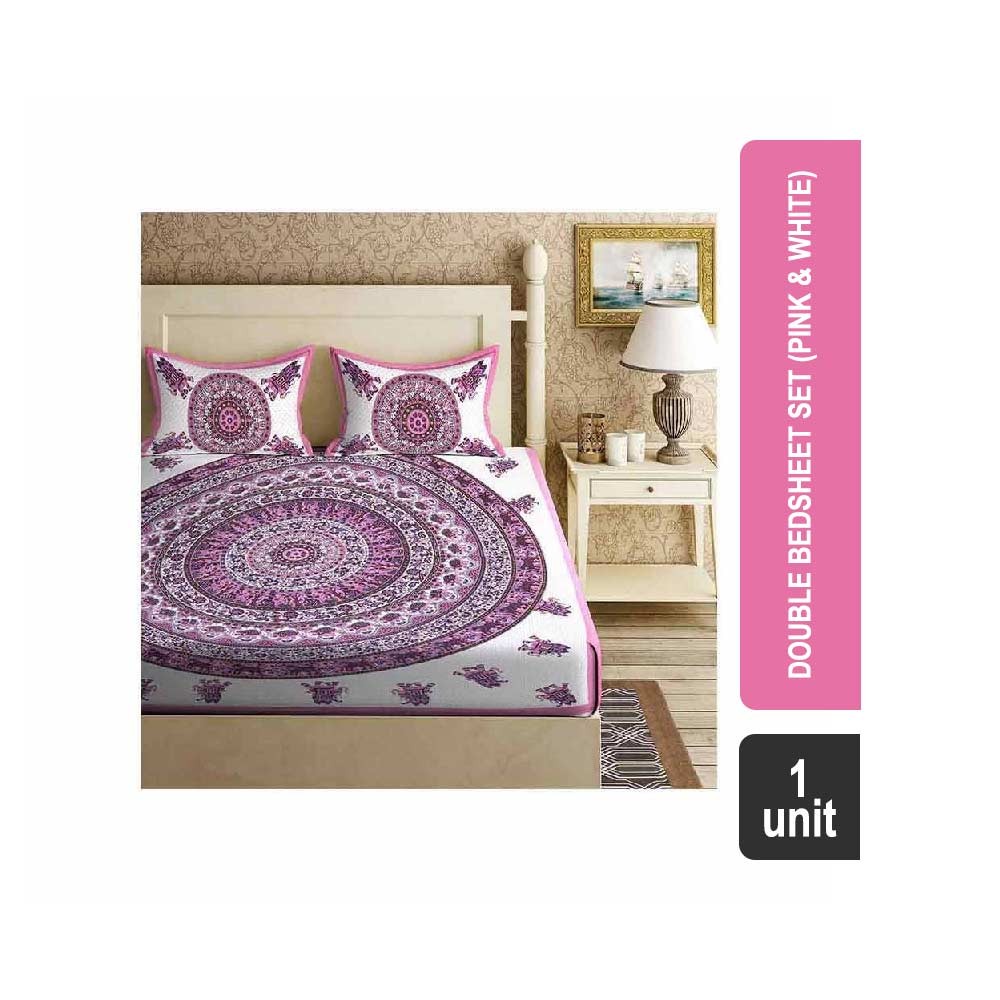 SaveMore 104 TC Printed 100% Cotton Double Bedsheet Set (Pink) - Rajwarha BS41