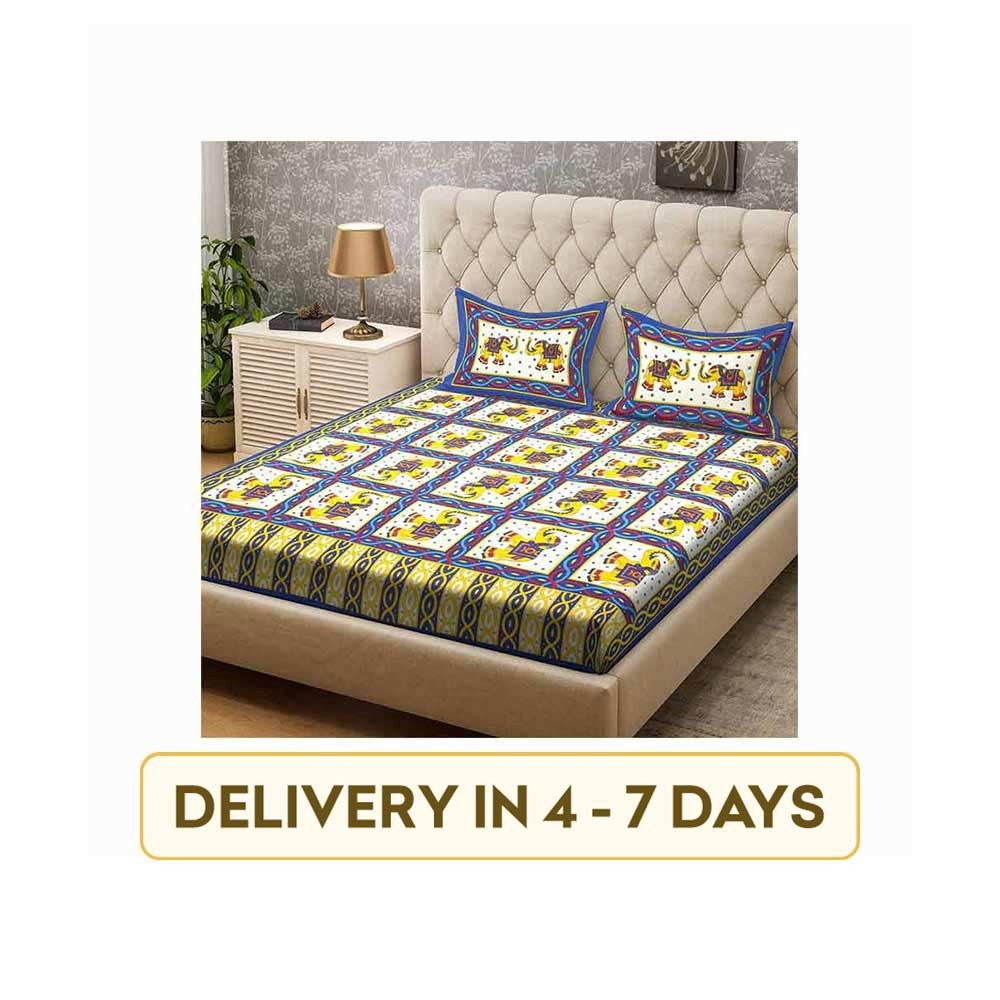 Ispace 104 TC Abstract 100% Cotton Double Bedsheet Set (Yellow) - Jaipuri ISJDB-003