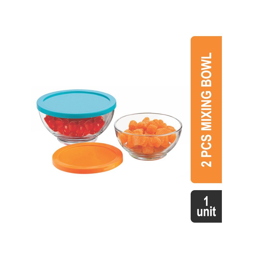 Glass Ideas Glass & Plastic 2 Pcs Super Saver Mixing Bowl (Assorted) (SJP 1744 - Lorenzo Storage) - 400 ml