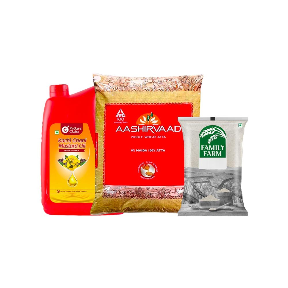 Grocered Mother's Choice Kachi Ghani Mustard Oil (Jar) + Aashirvaad Shudh Chakki Whole Wheat Atta + Family Farm Sugar Combo