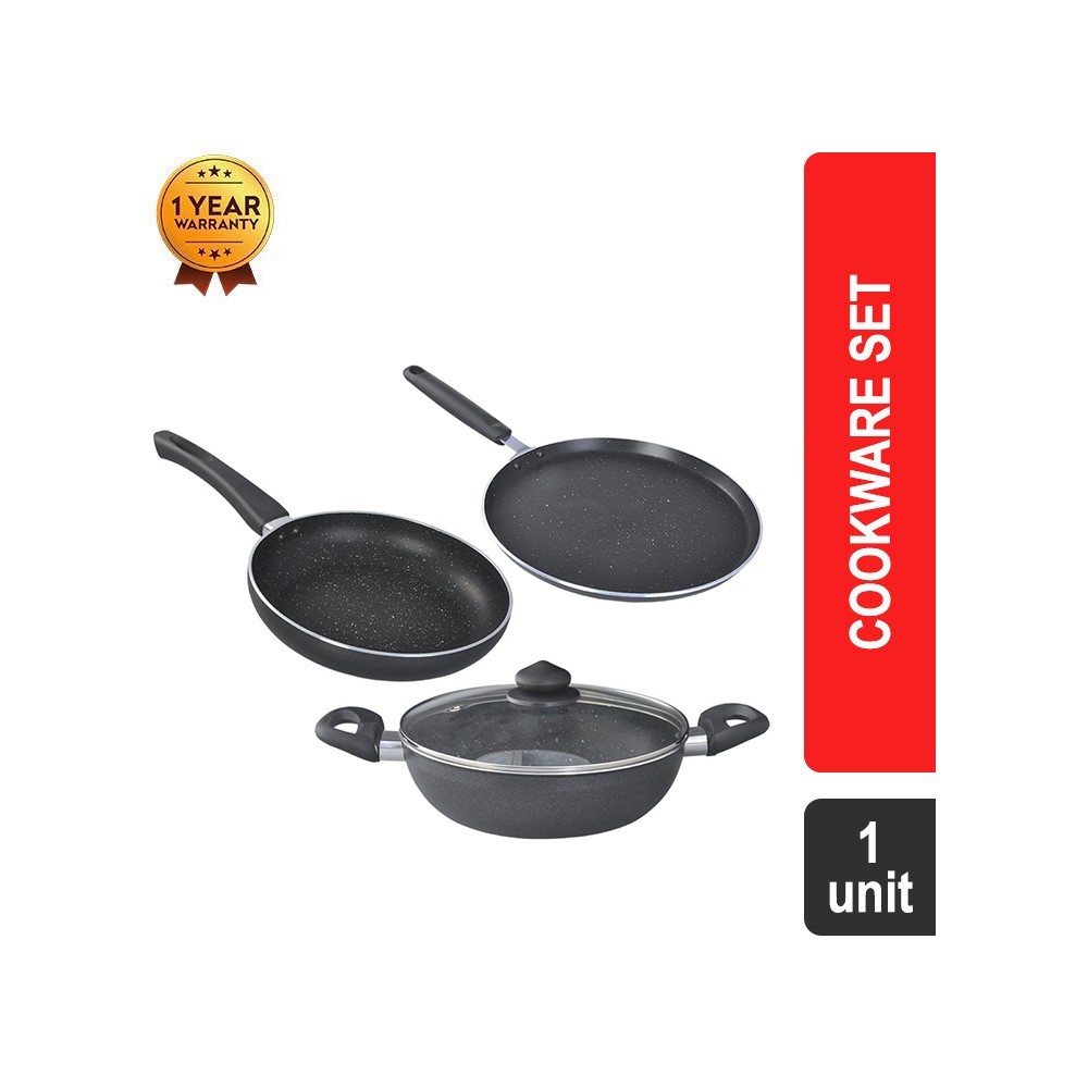 Prestige Omega Deluxe Granite BYK Aluminium Non-Stick 3 Pcs Super Saver Cookware Set (Black)