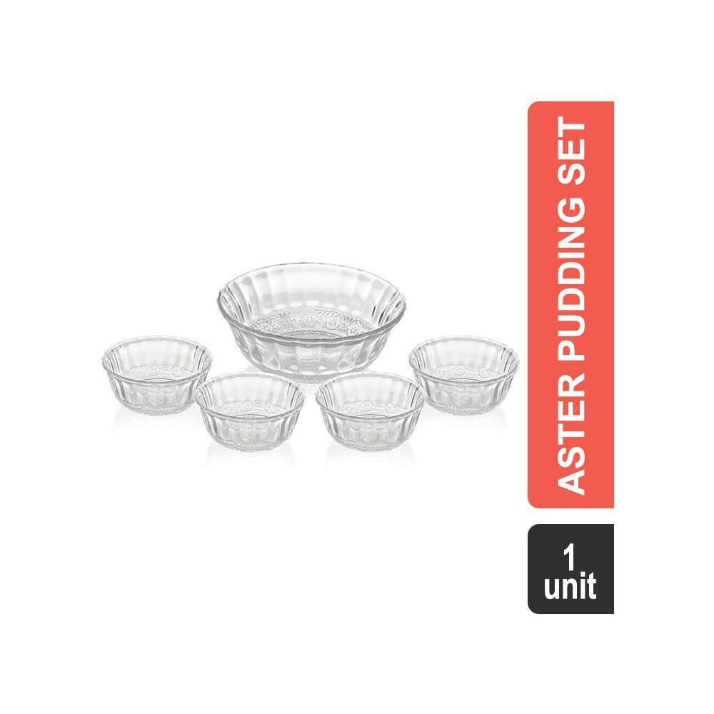 Grocered Happy Home Glass 5 Pcs Pudding Set (White) (PSW 1345 Aster)