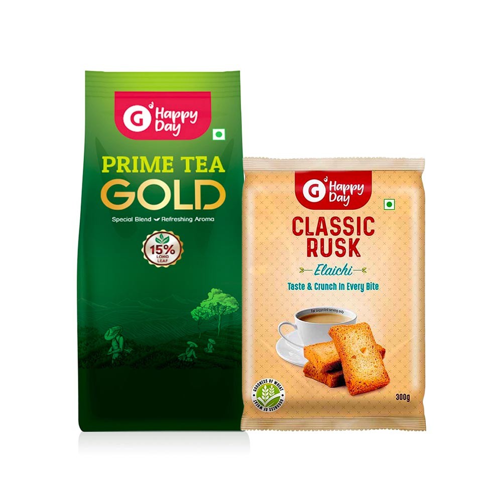 Grocered Happy Day Gold Tea + Classic Elaichi Rusk Combo