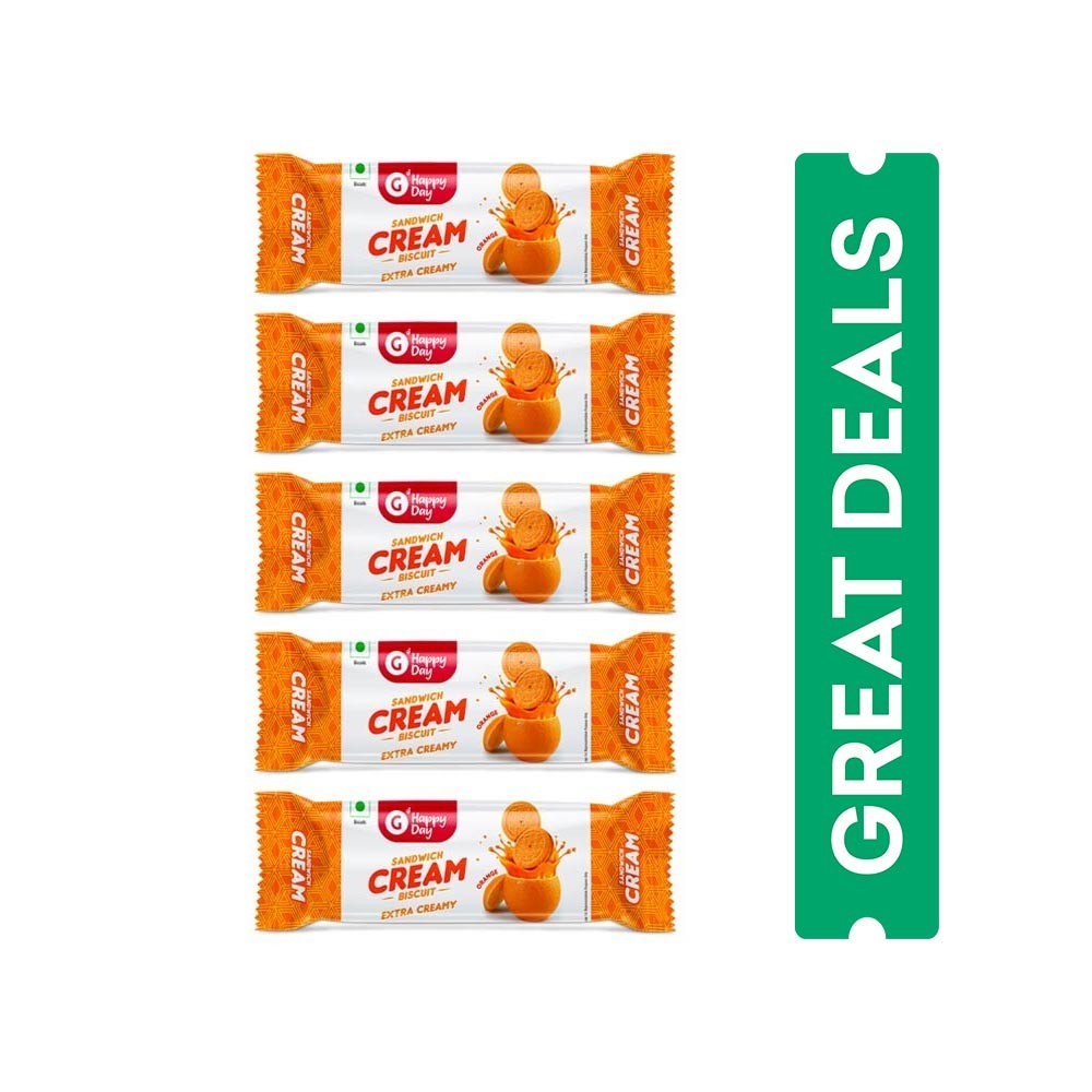 Grocered Happy Day Vitamin Enriched Orange Cream Sandwich Biscuit - Pack of 5