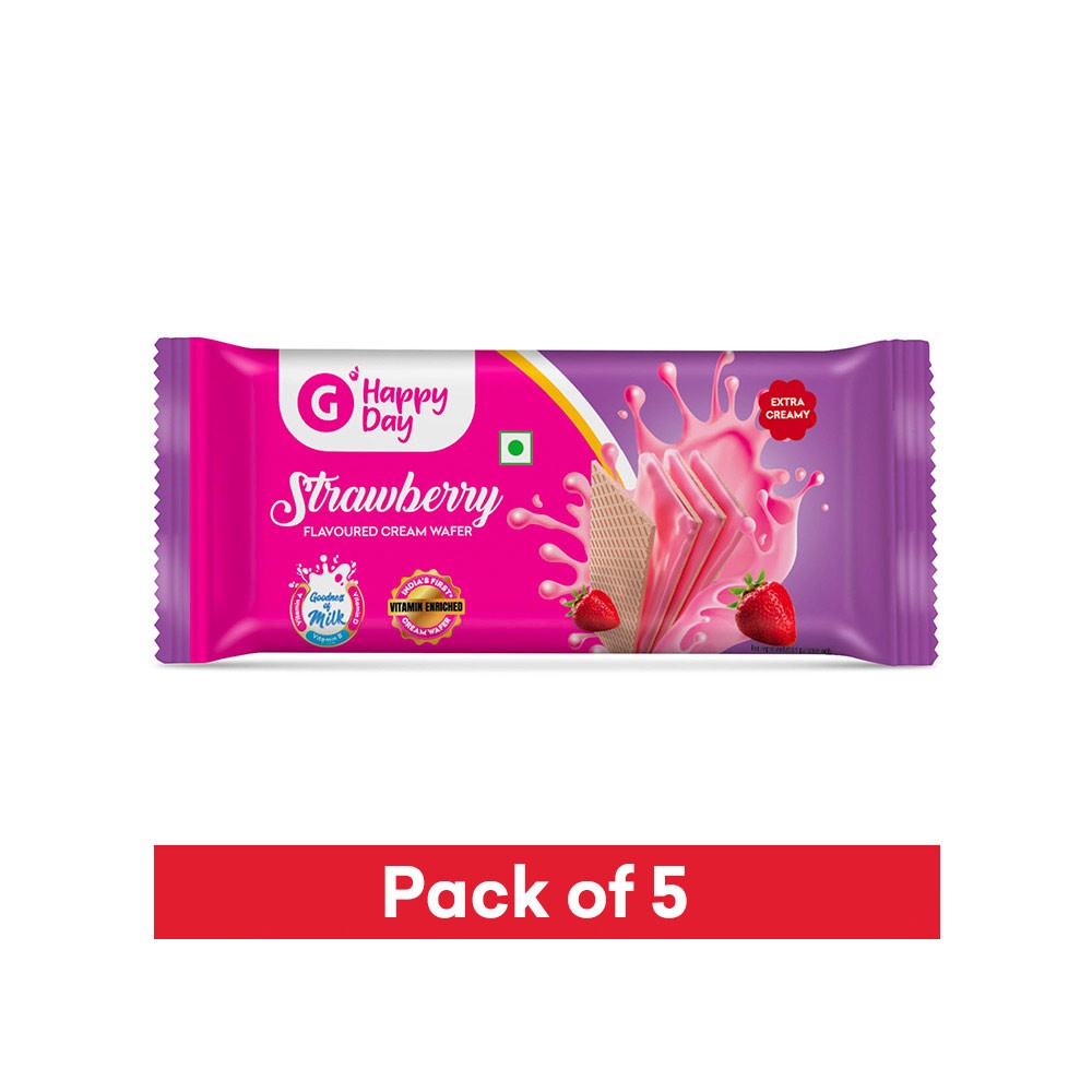 Grocered Happy Day Strawberry Cream Wafer - Pack of 5