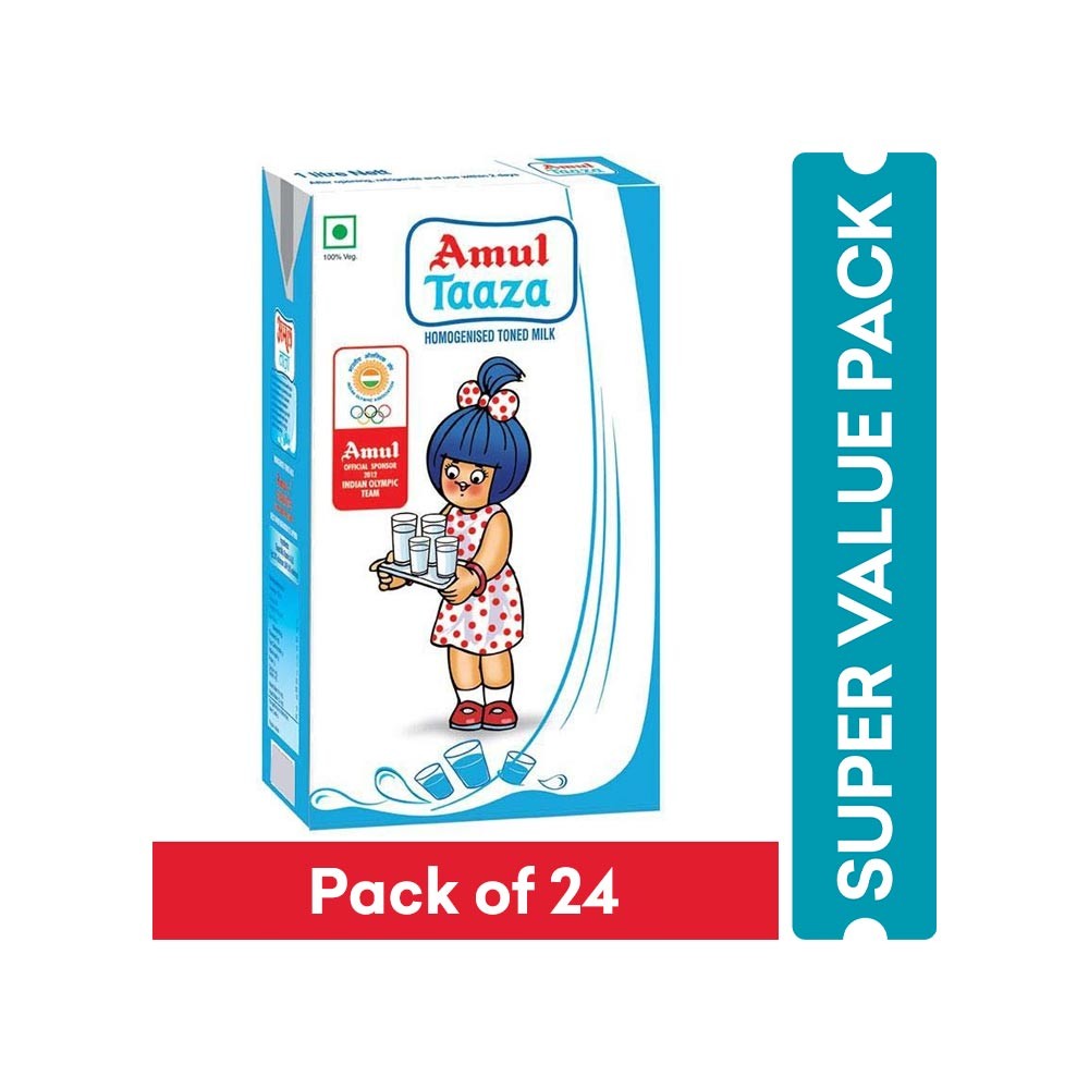Amul Taaza Toned Milk (Tetra Pak) - Pack of 24