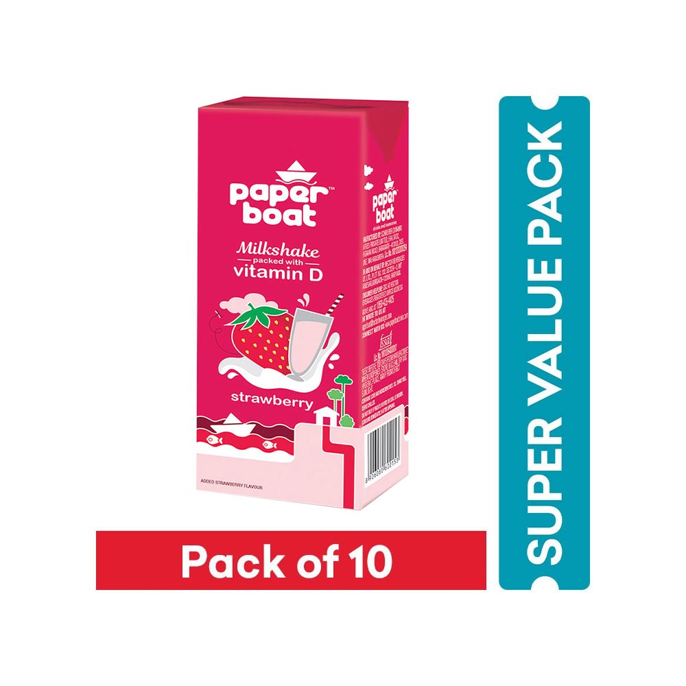 Paper Boat Strawberry with Vitamin D Milk Shake (Tetra Pak) - Pack of 10