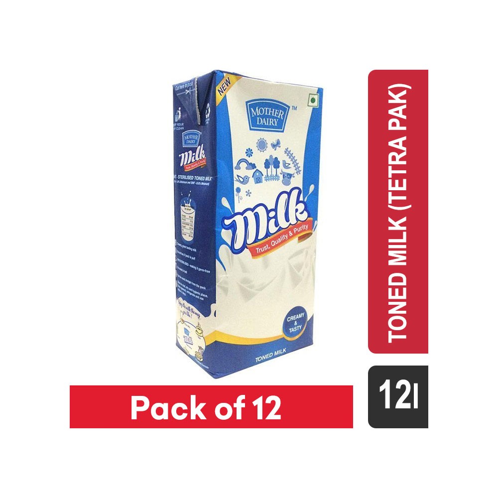 Mother Dairy Toned Milk (Tetra Pak) - Pack of 12