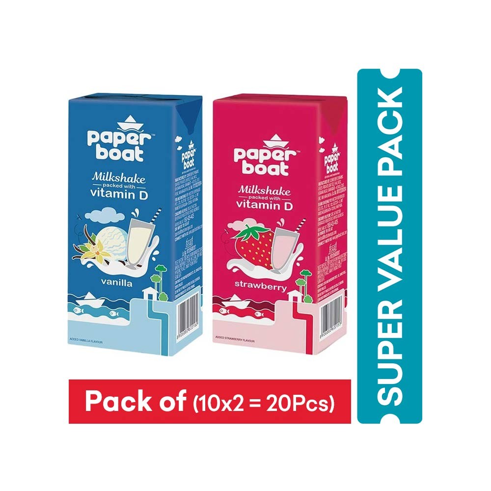 Paper Boat Vanilla with Vitamin D Milk Shake (Tetra Pak) + Strawberry with Vitamin D Milk Shake (Tetra Pak) Combo