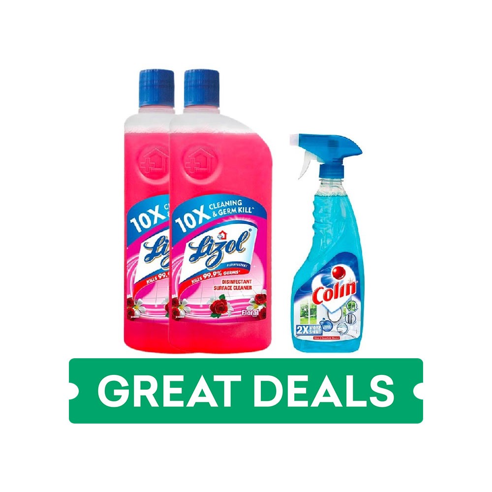 Lizol Floral Floor Cleaner + Colin 2x More Shine Glass Cleaner Combo