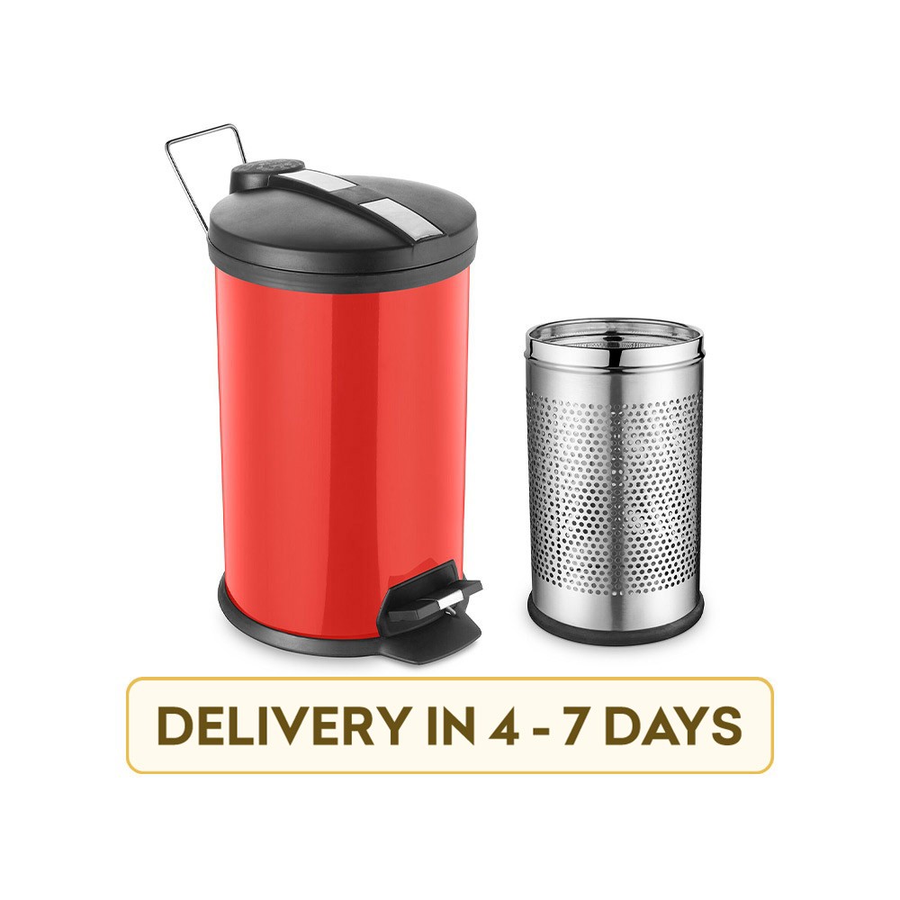 Ideale IDPBR-1201 Padle Bin Dustbin + Perforated Steel Bin Stainless Steel Dustbin (12 l, Red) - 2 Pcs