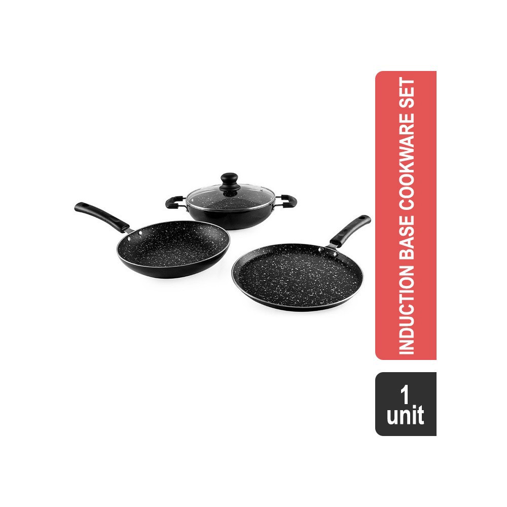 Grocered Happy Home GI3CS Granite Finish Non-Stick Aluminium 3 Pcs Induction Base Cookware Set (Black)