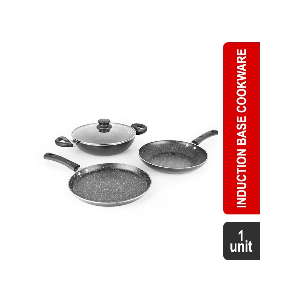 Grocered Happy Home Granite Finish Non-Stick Aluminium 4 Pcs Induction Base Cookware Set (Black Sparkle)