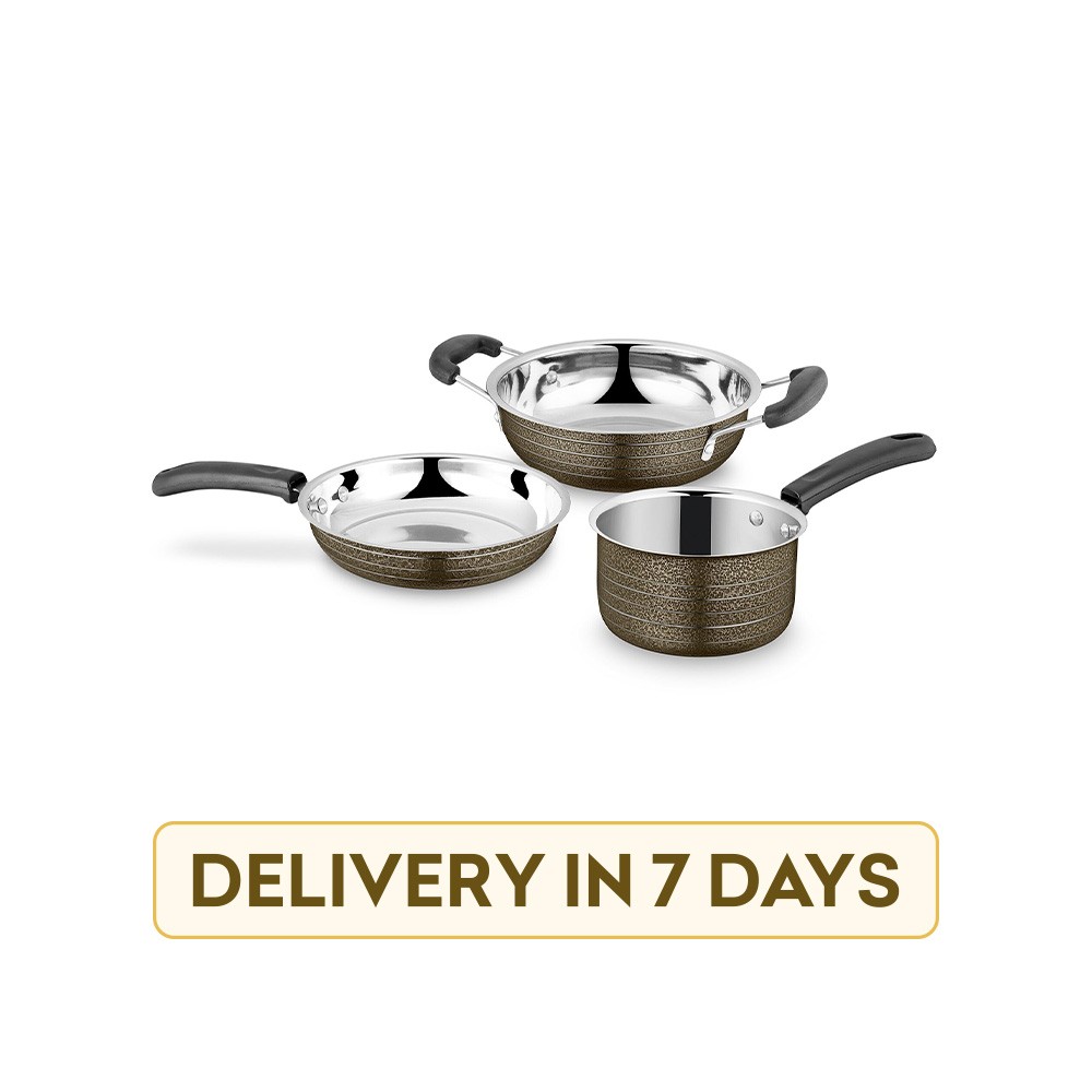 Ideale ID 092 Induction Bottom Texture Stainless Steel 3 pcs Yes Cookware Set (Brown)