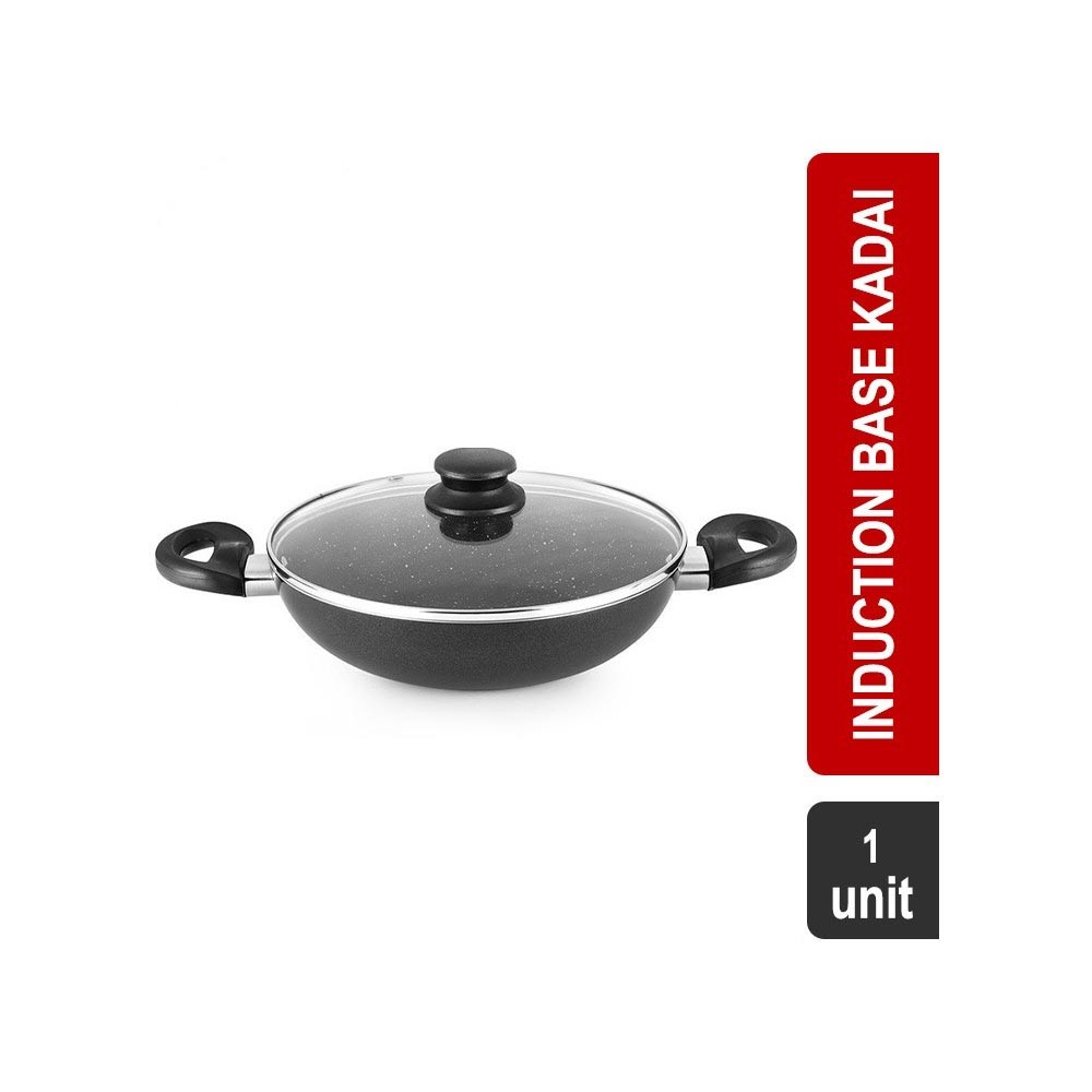 Grocered Happy Home Granite Finish with Glass Lid Non-Stick Aluminium Induction Base 2.3 lt Kadai (24 cm, Black Sparkle)