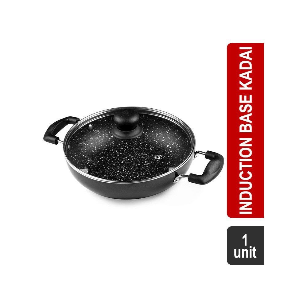 Grocered Happy Home GIK22 Granite Finish with Glass Lid Non-Stick Aluminium Induction Base 1200 ml Kadai (22 cm, Black)