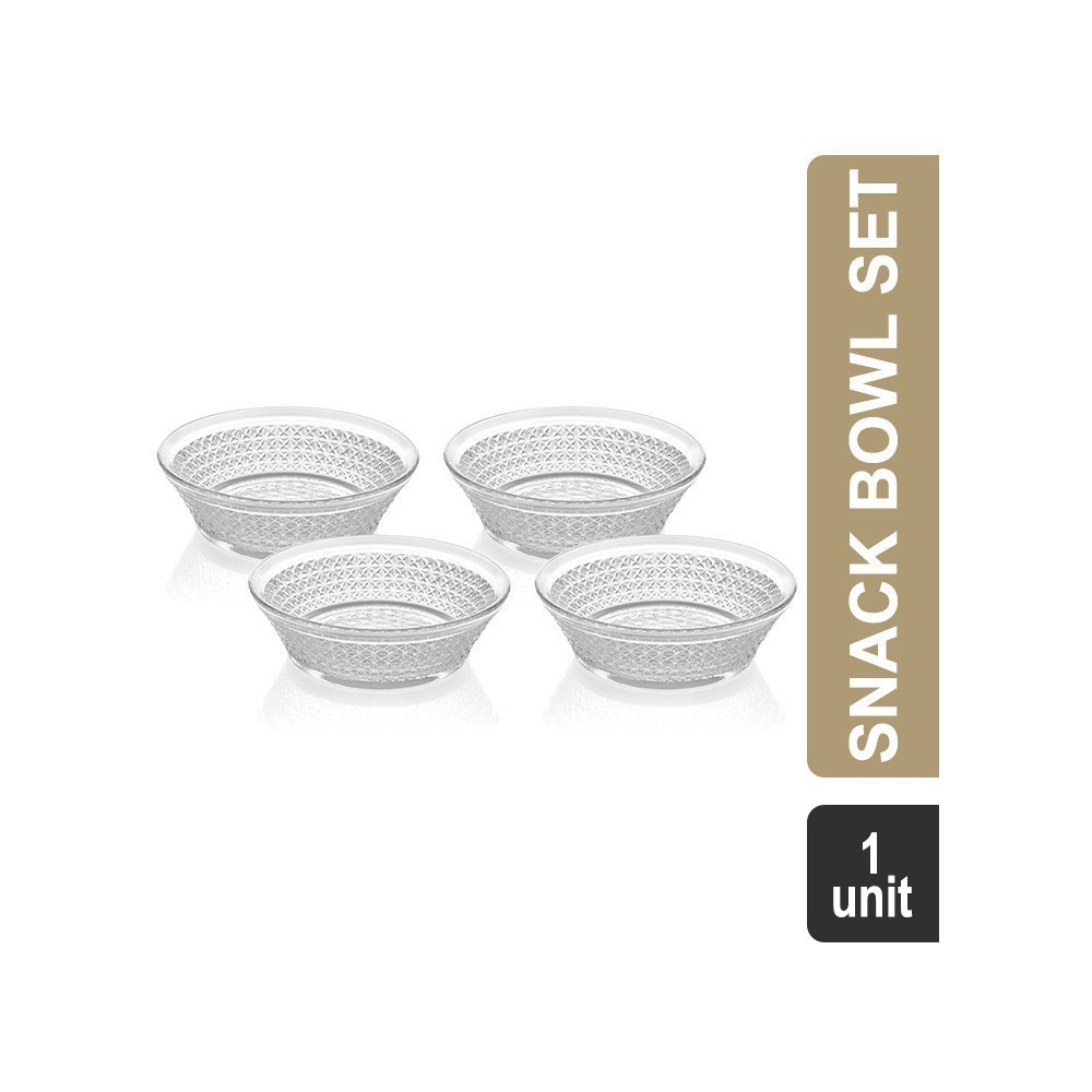 Grocered Happy Home Glass 4 Pcs Bowl Set (White) (GSC 1654 Snack) - 350 ml