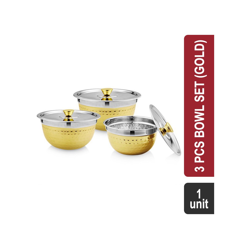 Vinayak Stainless Steel 3 Pcs with Lid Serving Bowl Set (Gold) (VIHD1 Florance Gold hammered) - 1x1.8 l, 1x1.2 l, 1x900 ml