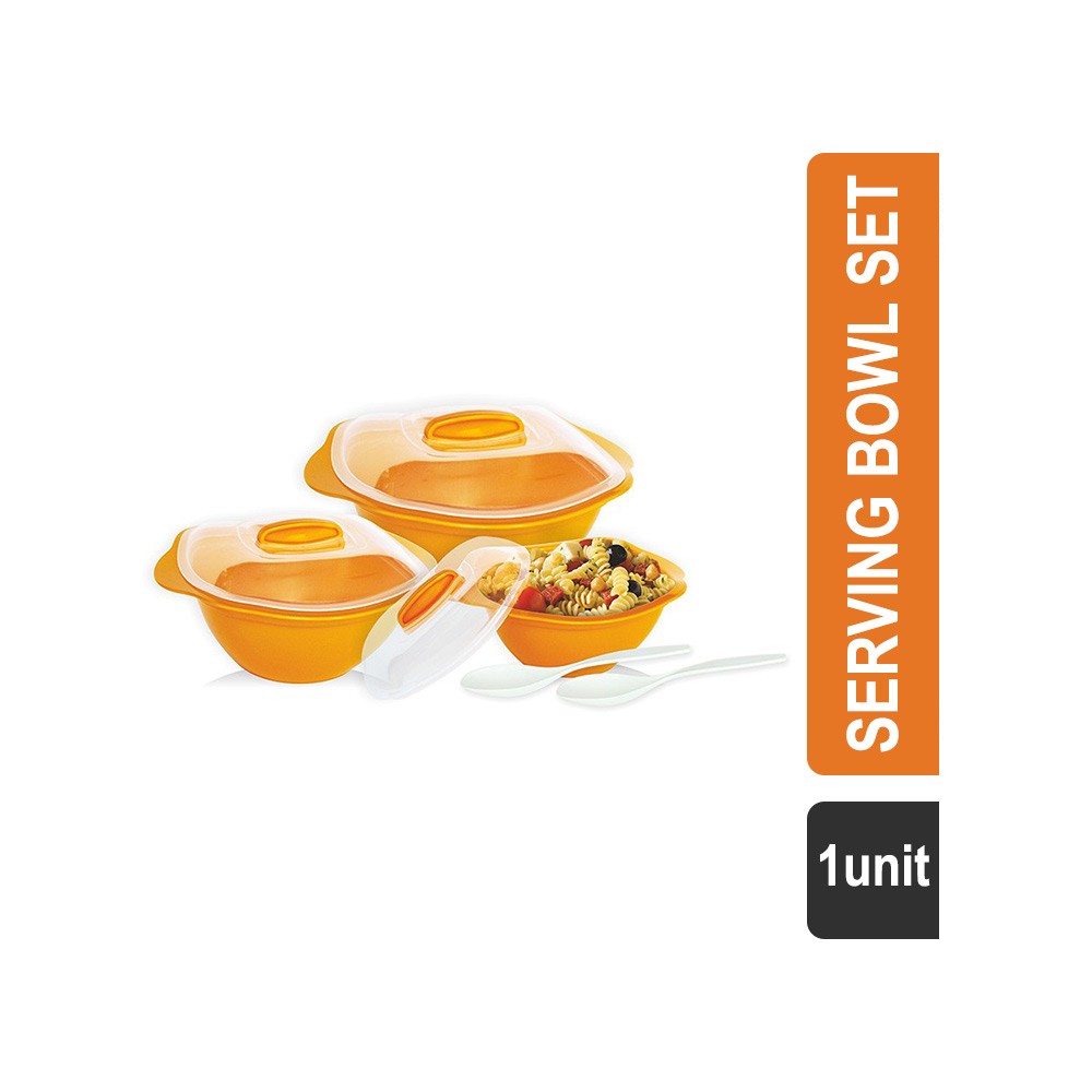 Princeware Plastic 3 Pcs Serving Bowl Set (Orange) (L1613 5) - 2 l+1.2 l+650 ml