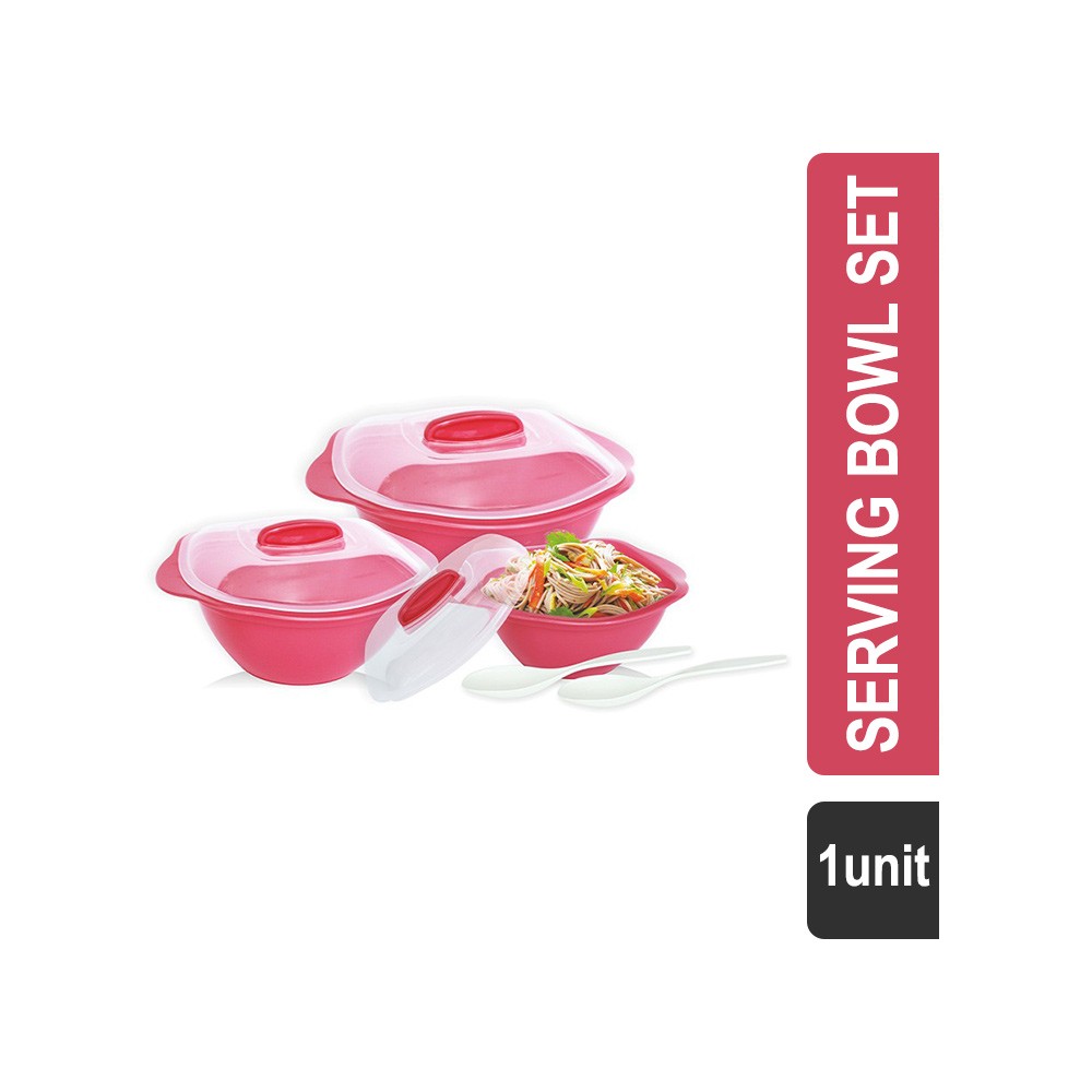 Princeware Plastic 3 Pcs Serving Bowl Set (Pink) (L1613 5) - 2 l+1.2 l+650 ml