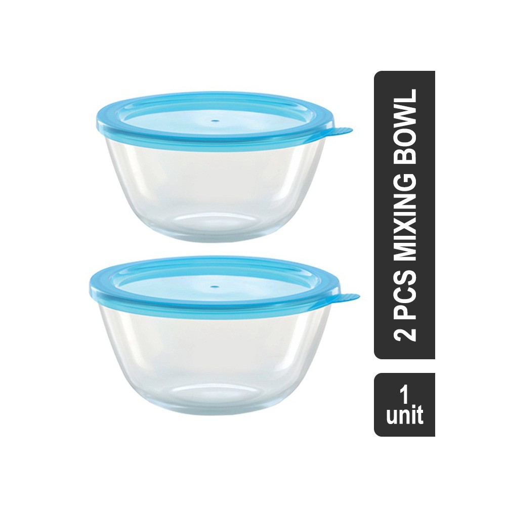 Borosil Borosilicate Glass 2 Pcs Mixing Bowl (Blue) - 1.3 l, 1.7 l