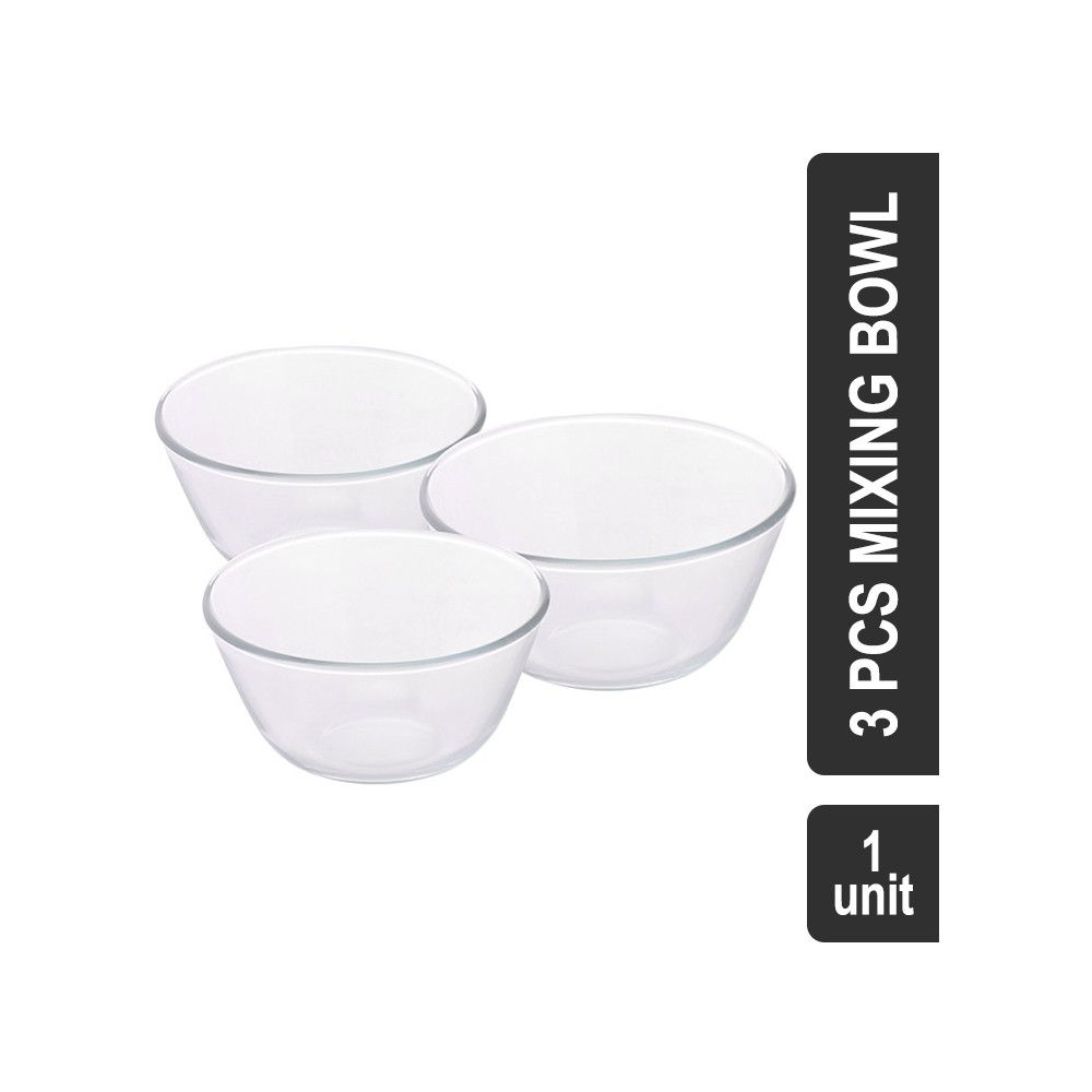 Borosil Borosilicate Glass 3 Pcs Mixing Bowl (Transparent) - 500 ml, 900 ml, 1.3 L