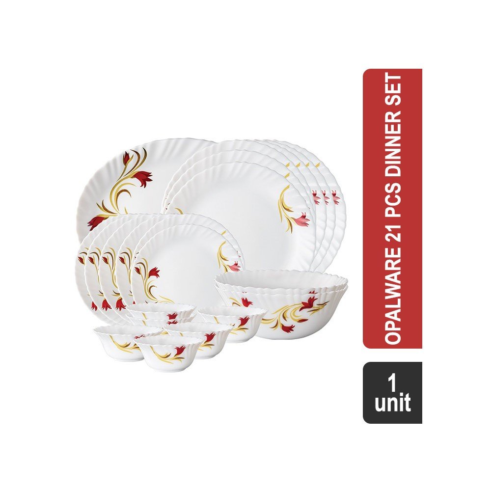 Larah by Borosil Red Lily Opalware 21 Pcs Dinner Set (White)