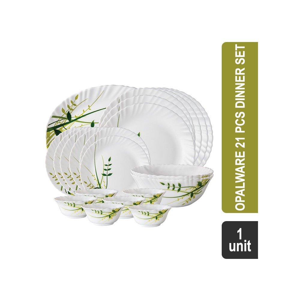 Larah by Borosil Green Herbs Opalware 21 Pcs Dinner Set (White)