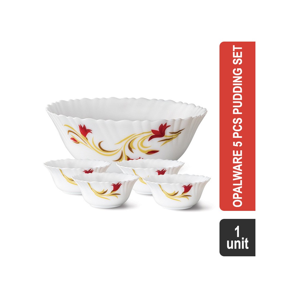 Larah by Borosil Opalware 5 Pcs Pudding Set (White) (Red Lily)