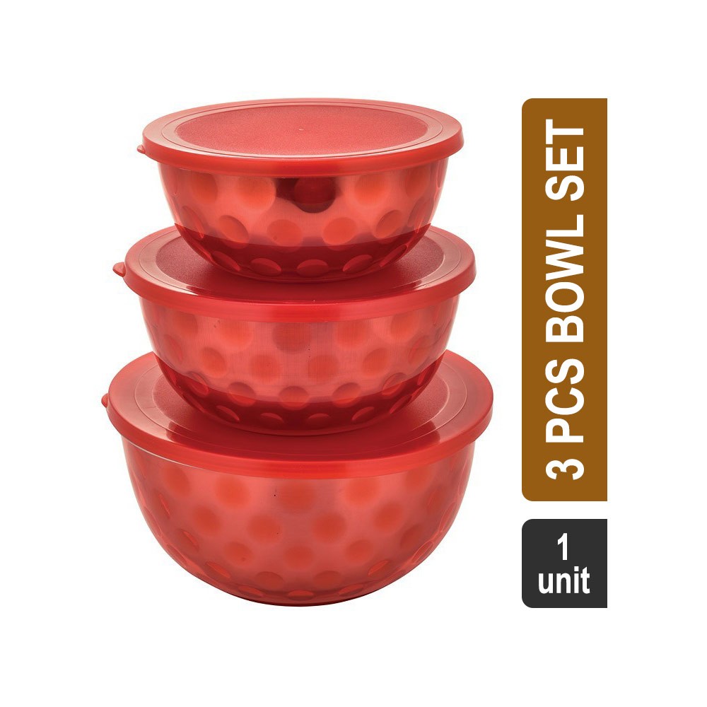 Vinayak Plastic Coated 3 Pcs Microwave Bowl Set (Red) (Microwave) - 1.5 lt, 900 ml, 600 ml