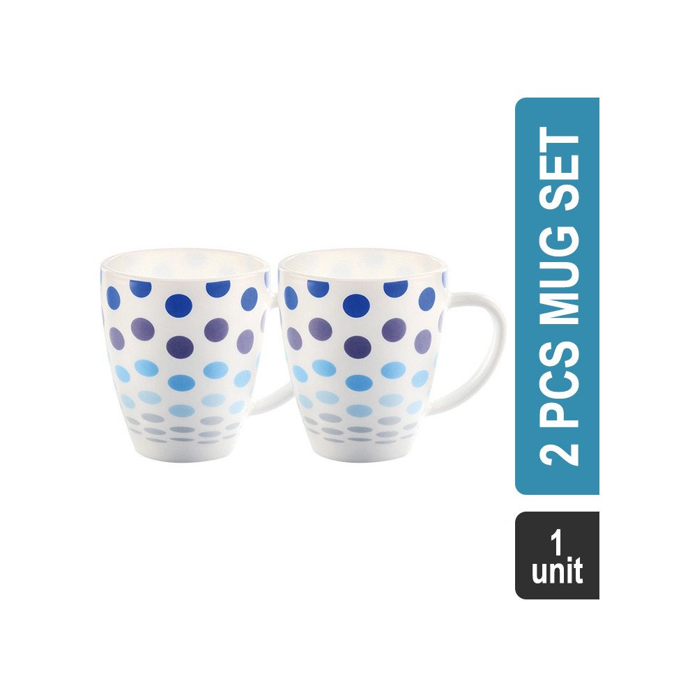 Larah by Borosil Opalware 2 Pcs Mug Set (400 ml, White) Polka Blue HT2MUG40POB1