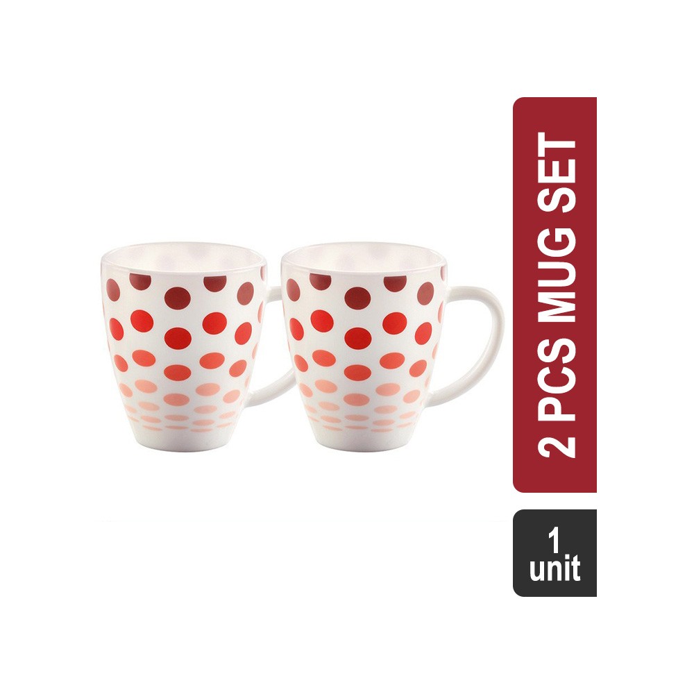 Larah by Borosil Opalware 2 Pcs Mug Set (400 ml, White) Polka Red HT2MUG40PRE1