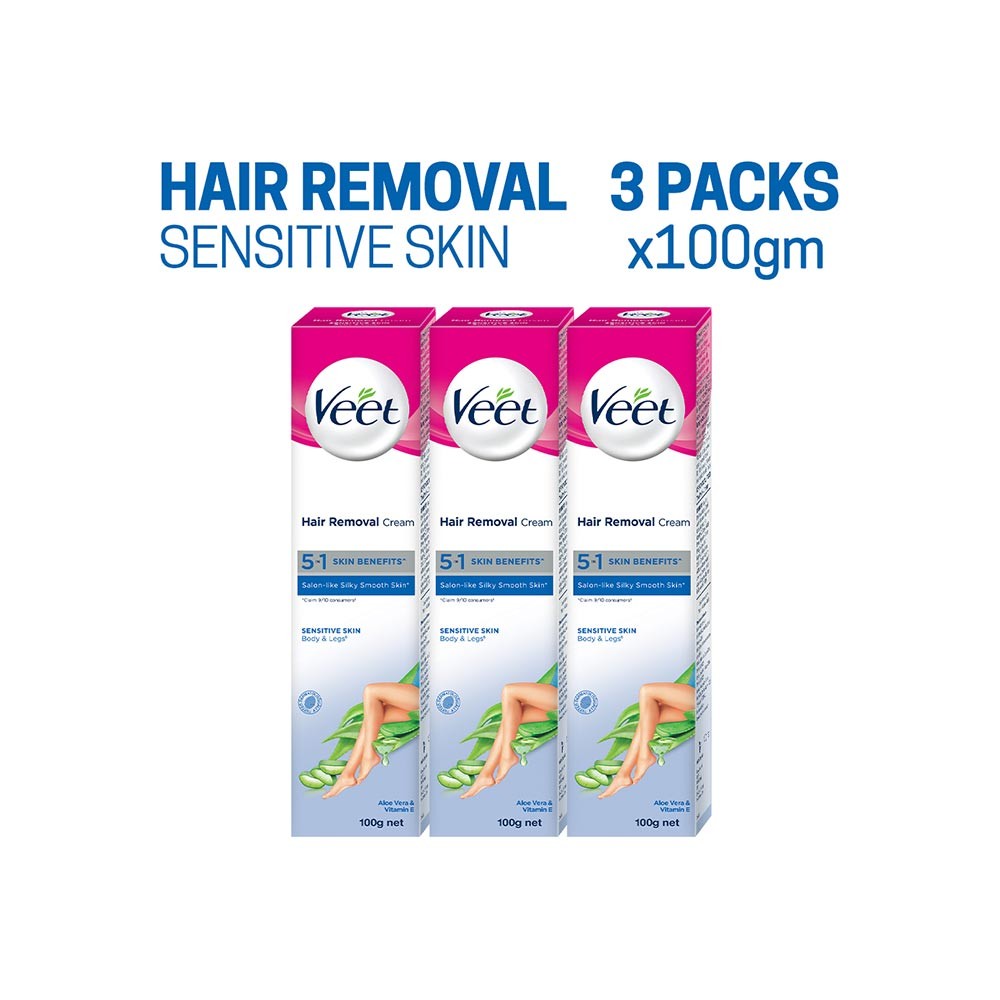 Veet Aloe Vera & Vitamin E Hair Removal Cream (Sensitive Skin 3x100 g) - Pack of 3