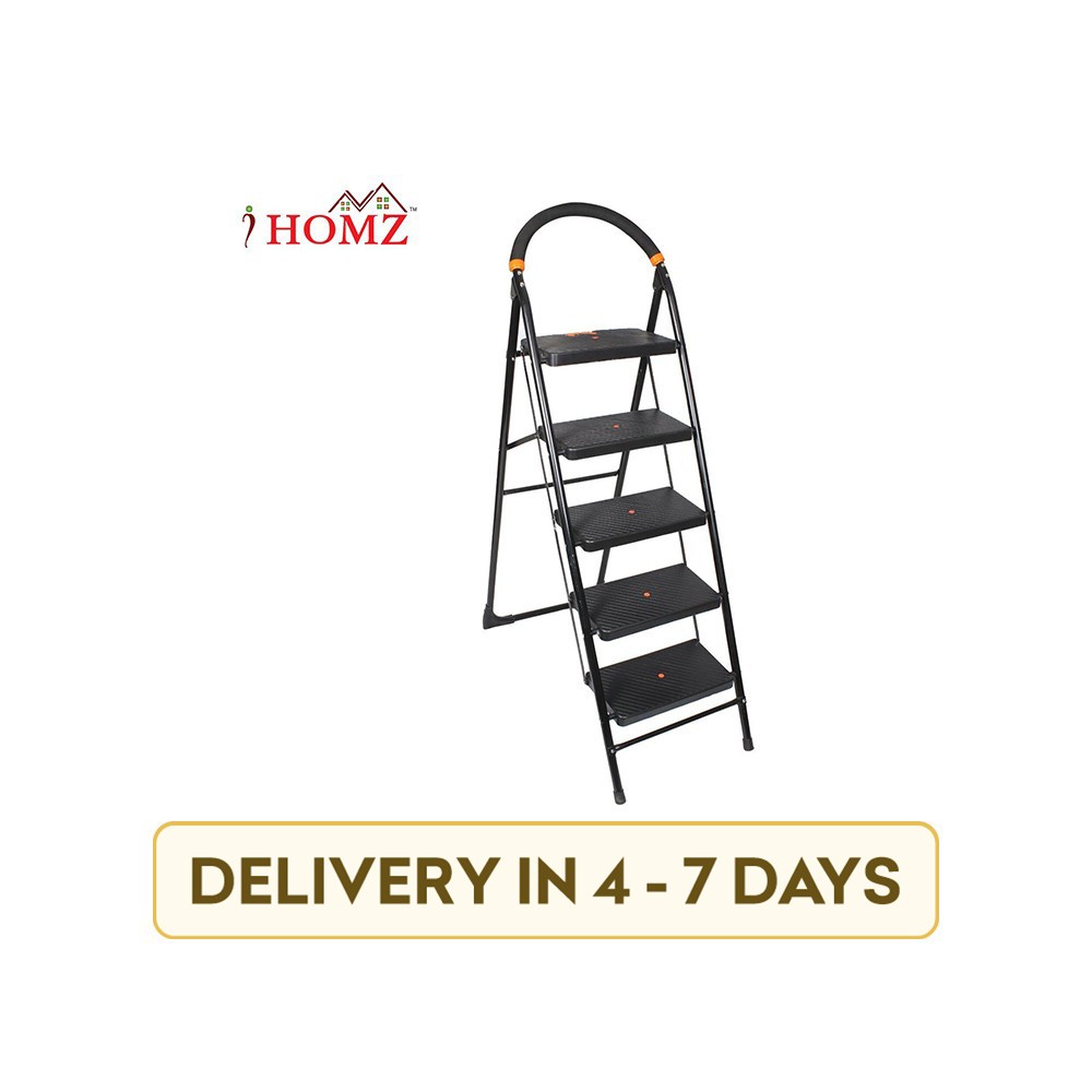 IHomz IH-MSL-024 Millano 5 Step Heavy Folding with Platform Hand Rail Carbon Steel Ladder (Black)