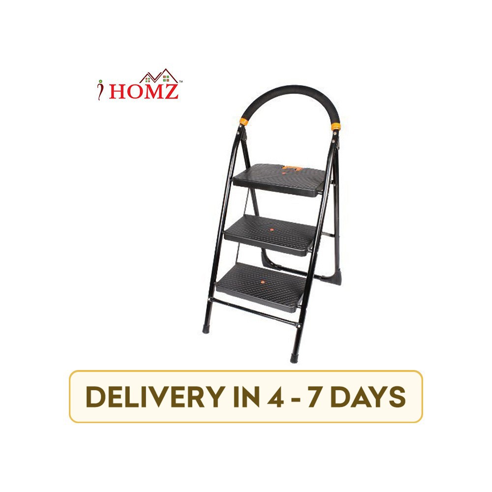 IHomz IH-MSL-022 Millano 3 Step Heavy Folding with Platform Hand Rail Carbon Steel Ladder (Black)