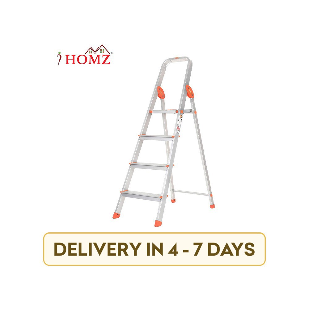 IHomz IH-ASL-028 Aluminium Strong 4 Step with Platform Hand Rail Aluminum Ladder (Silver)