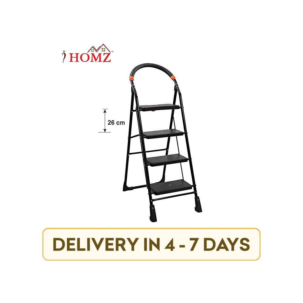 IHomz IH-MSL-023 Millano 4 Step Heavy Folding with Platform Hand Rail Carbon Steel Ladder (Black)