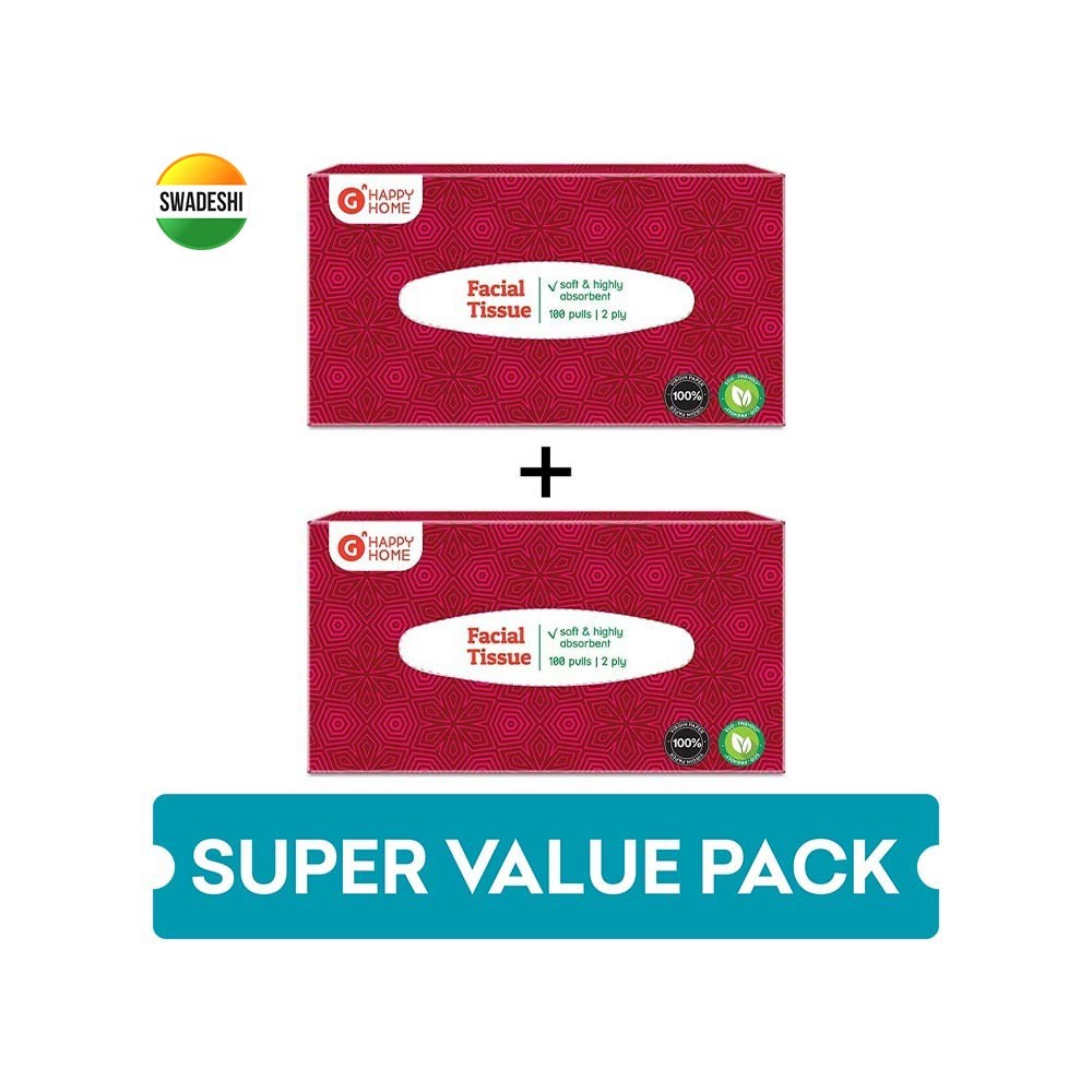 Grocered Happy Home Red 2 Ply Face Tissue (100 Pulls) - Buy 1 Get 1 Free