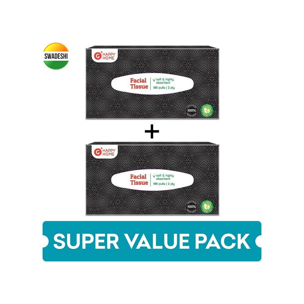 Grocered Happy Home Black 2 Ply Face Tissue (100 Pulls) - Buy 1 Get 1 Free