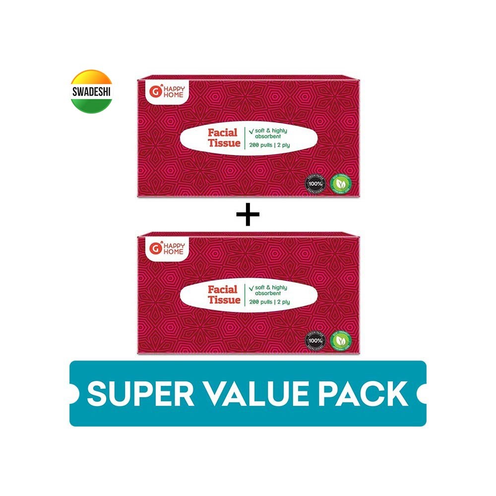 Grocered Happy Home Red 2 Ply Face Tissue (200 Pulls) - Buy 1 Get 1 Free