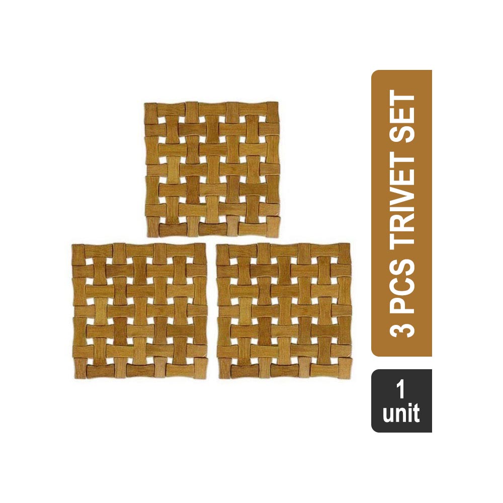 Grocered HP04 Square Bamboo 3 Pcs Trivet Set (Brown & Cream)