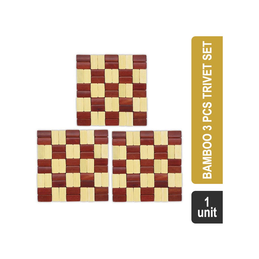 Grocered HP05 Chequered Bamboo 3 Pcs Trivet Set (Brown & Cream)