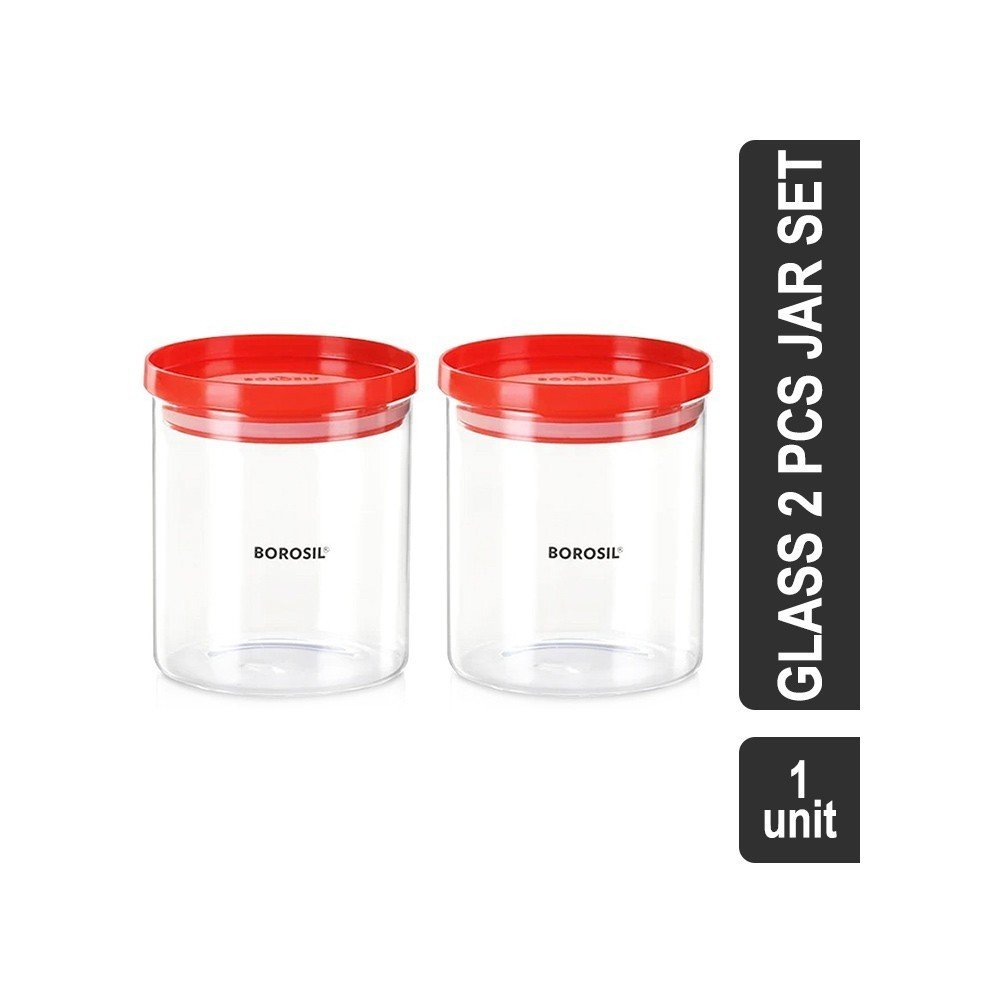 Borosil Borosilicate Glass Jar Set 2 Pcs (600 ml, Red) (- Stack & Storage)