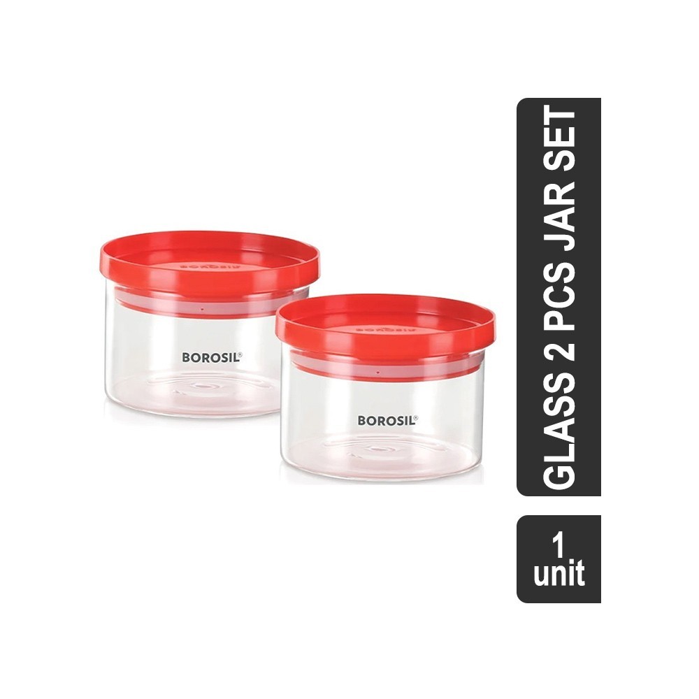 Borosil Borosilicate Glass Jar Set 2 Pcs (300 ml, Red) (- Stack & Storage)