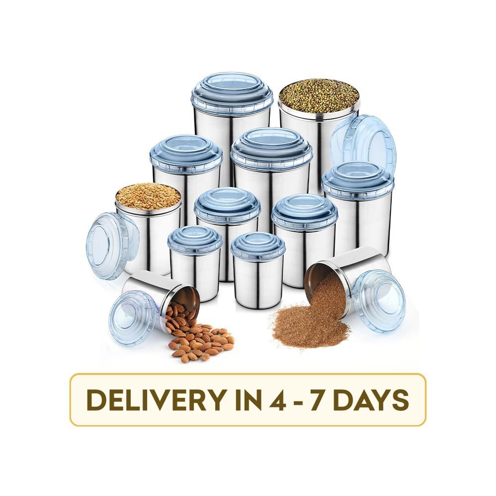 Jensons JEN-C12-B-031 with Blue Lids Grocery Container, Tea Coffee & Sugar Container, Spice Container, Utility Box Stainless Steel 12 Pcs Canister Set