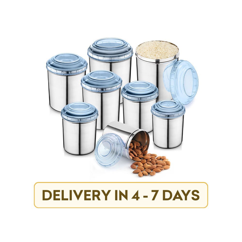 Jensons JEN-C8-B-026 with Blue Lids Grocery Container, Tea Coffee & Sugar Container, Utility Box, Spice Stainless Steel 8 Pcs Canister Set (Blue)