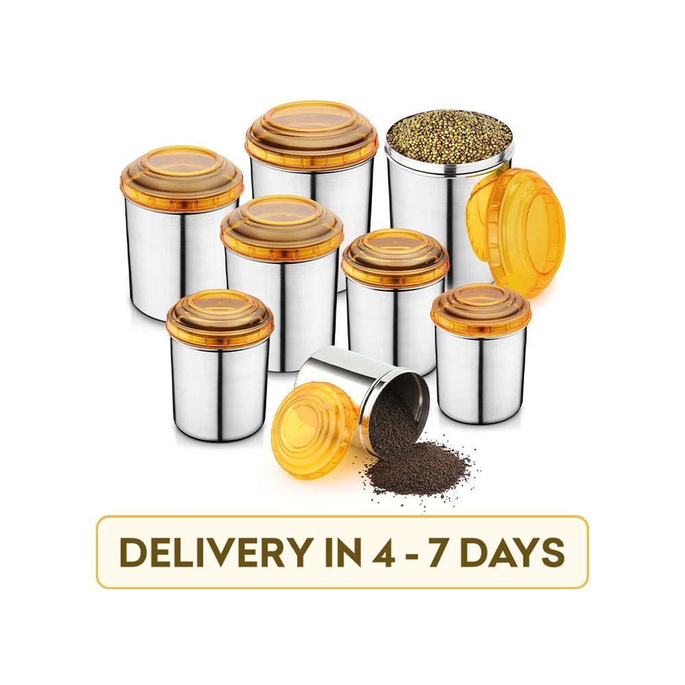 Jensons JEN-C8-O-029 with Orange Lids Grocery Container, Utility Box, Tea Coffee & Sugar Container, Spice Stainless Steel 8 Pcs Canister Set (Orange)