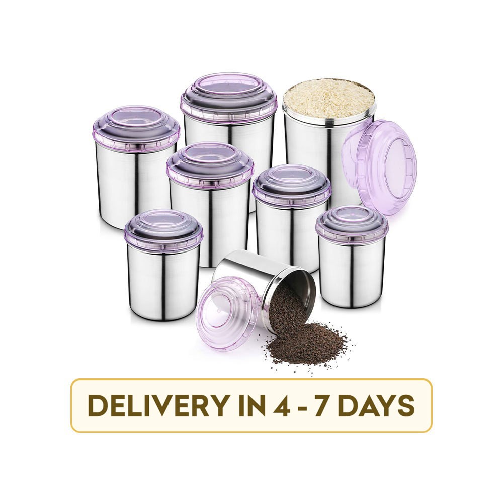 Jensons JEN-C8-P-027 with Purple Lids Grocery Container, Tea Coffee & Sugar Container, Utility Box, Spice Stainless Steel 8 Pcs Canister Set (Purple)