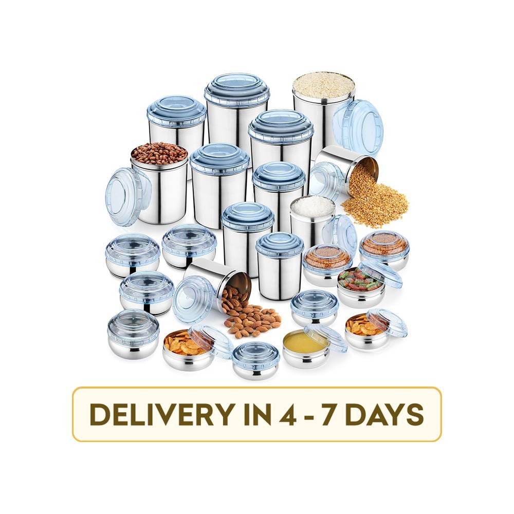 Jensons JEN-CP24-B-046 with Lids Puri Grocery Container, Fridge Container, Utility Box, Tea Coffee & Sugar Stainless Steel 24 Pcs Canister Set (Blue)